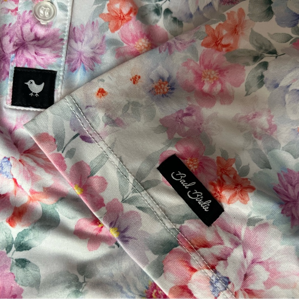 Bad Birdie Floral Polo Shirt - Pink and White - Picture 2 of 5